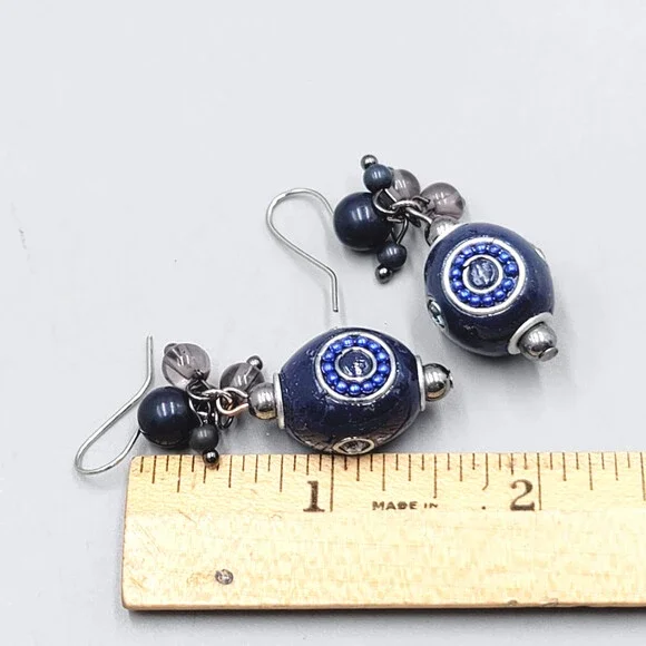 Blue Bead Pierced Earrings Crystal Silver tone Dangle 1.25 in - Picture 2 of 8